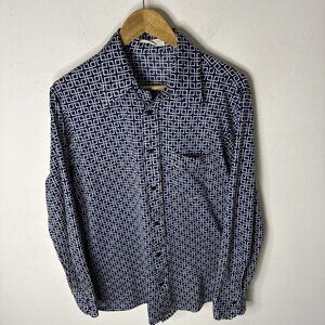 Vintage 70s Disco Shirt Geometric Print Men’s L Polyester Jersey Knit Blue